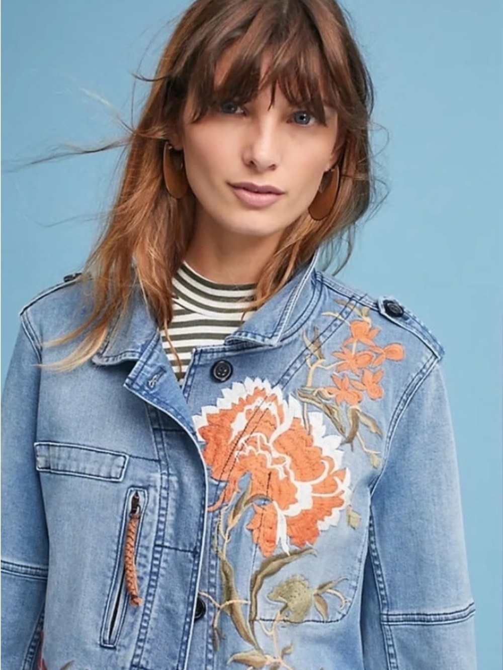 Pilcro Light Blue 100% Cotton Denim Jacket with Orange Floral Embroidery - Picture 5 of 9
